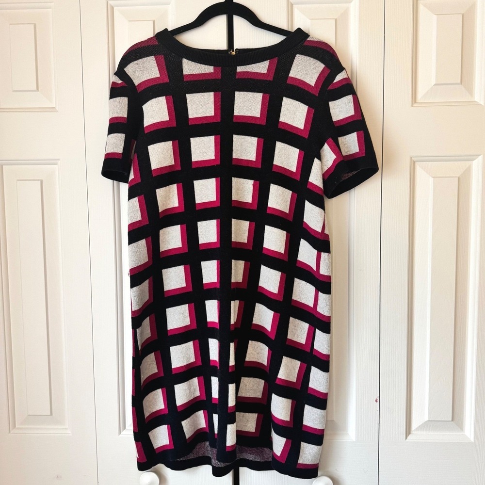 Kate Spade New‎ York Geometric Grid Knit Sweater Dress Pink Black Cream Large